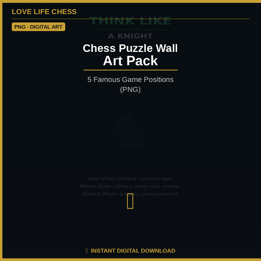 Chess Puzzle Wall Art Pack — 5 Famous Game Positions (PNG)